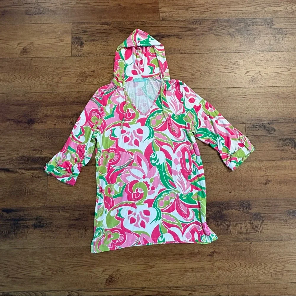BeachCandie Pink Floral Hooded Beach Cover Up Tunic Dress XL Resort